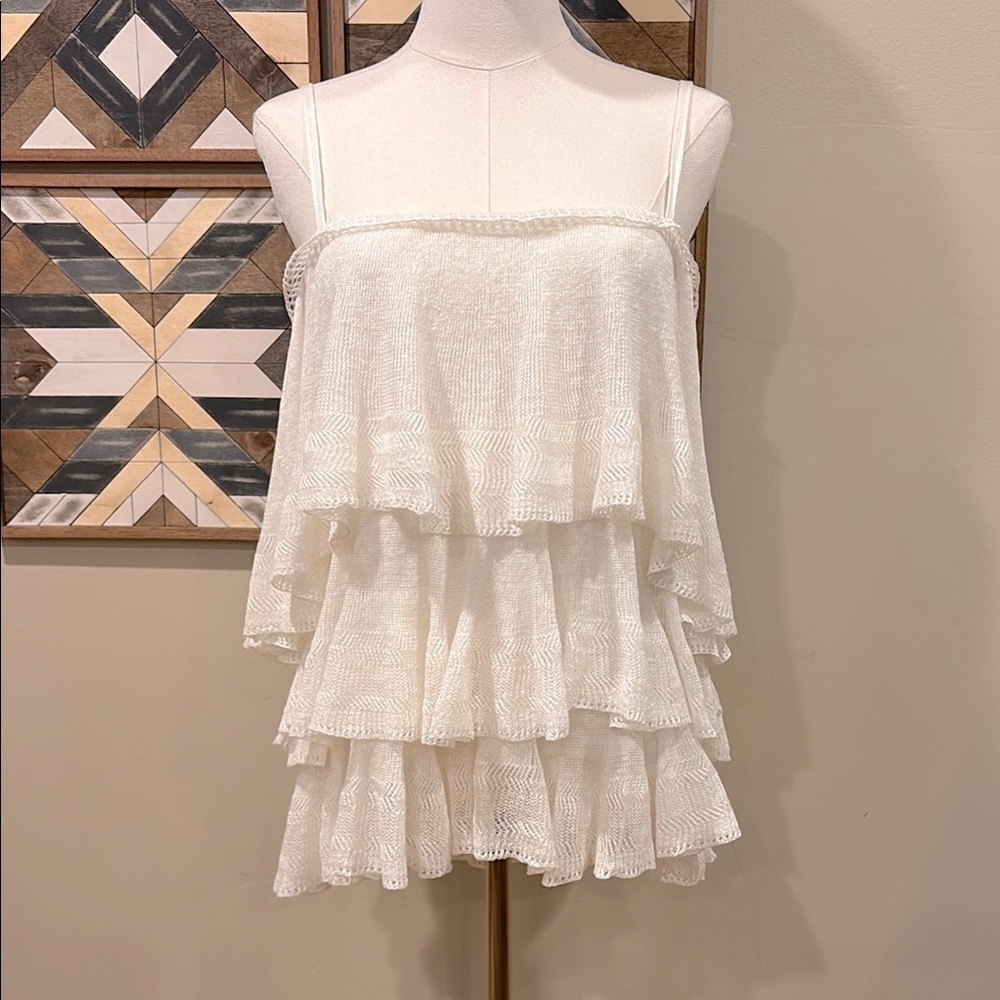 Vintage Ralph Lauren Blue Label Linen Lace Knit Tiered Ruffle Top size Large